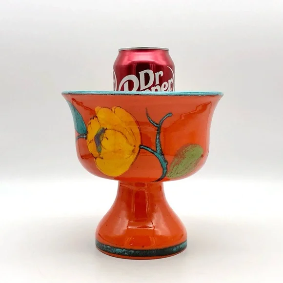 Italian Art Pottery Compote Planter Atomic Orange Pedestal Bowl Vase MCM Italy